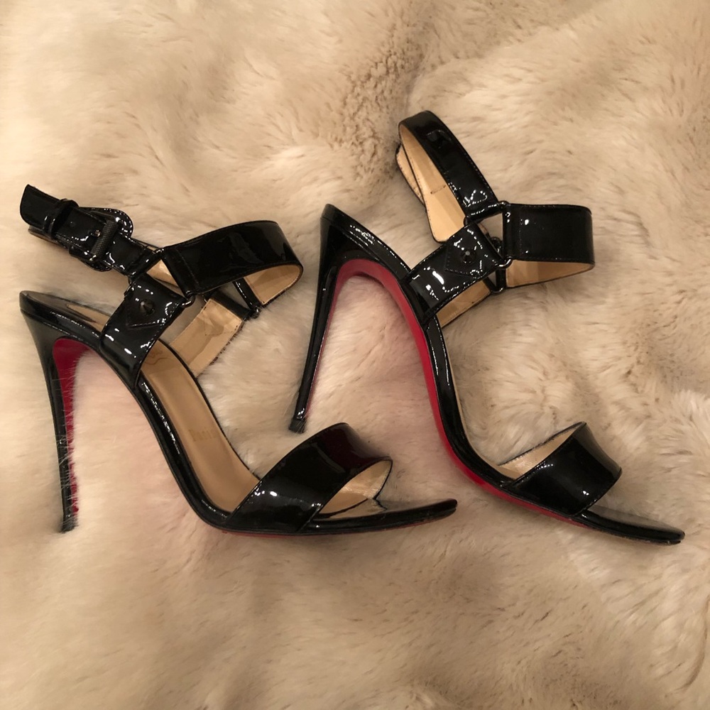Christian Louboutin Black Patent Leather Red Sole Strappy Sandals